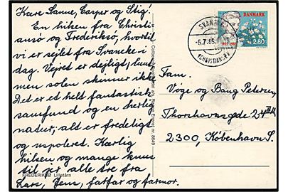 2,80 kr. Dr. Ingrid på brevkort annulleret med parentsstempel Svaneke (Christiansø) d. 5.7.1985 til København.