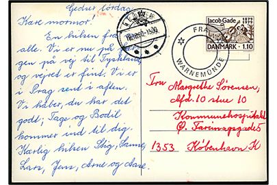 1,10 kr. Jacob Gade på brevkort annulleret med skibsstempel * FRA * WARNEMÜNDE og sidestemplet Gedser d. 18.10.1980 til København.