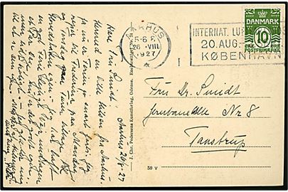 10 øre Bølgelinie på brevkort annulleret med TMS Aarhus * / Internat. Luftfartsudst. 20. aug. - 2. sept. København d. 26.8.1927 til Taastrup.