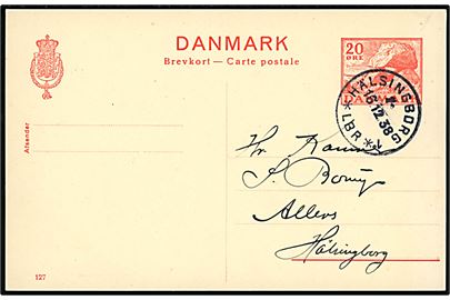 20 øre Kæmpehøj helsagsbrevkort (fabr. 127) annulleret med svensk stempel Hälsingborg 1 *LBR* d. 16.12.1938 til Hälsingborg, Sverige. Uden meddelelse på bagsiden.