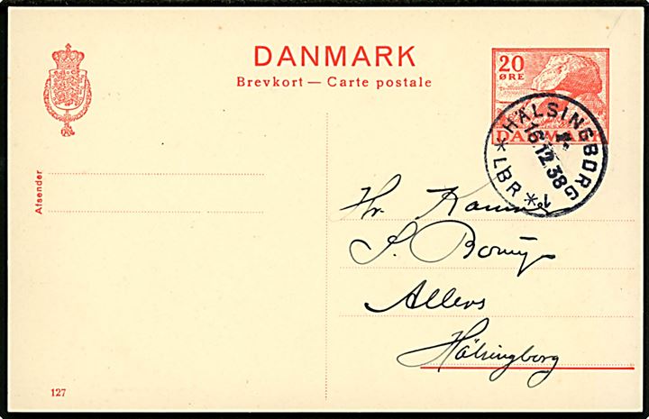 20 øre Kæmpehøj helsagsbrevkort (fabr. 127) annulleret med svensk stempel Hälsingborg 1 *LBR* d. 16.12.1938 til Hälsingborg, Sverige. Uden meddelelse på bagsiden.