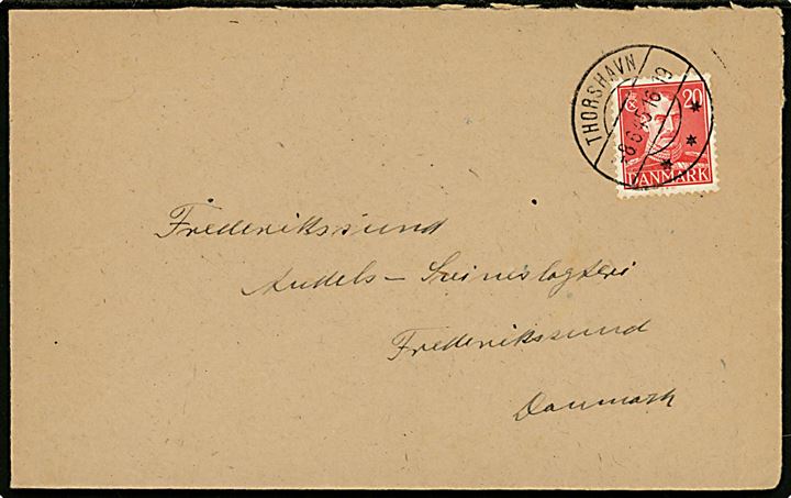 20 øre Chr. X på brev annulleret brotype IIc Thorshavn d. 8.6.1945 til Frederikssund, Danmark.