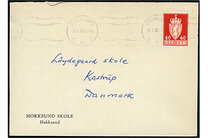 60 øre OFF. SAK udg. på brev fra Hokksund skole stemplet Hokksund d. 9.1.1968 til Kastrup, Danmark. Tjenestemærker ikke gyldig til udlandet - ikke udtakseret i porto.