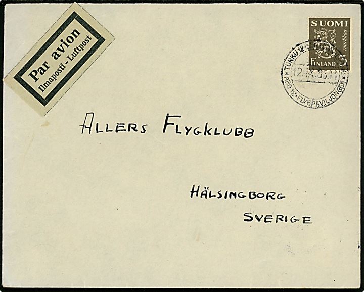 3 mk. Løve single på luftpostbrev annulleret med 2-sproget stempel Åbo 12 Flygpaviljongen d. 12.9.1935 til Hälsingborg, Sverige.