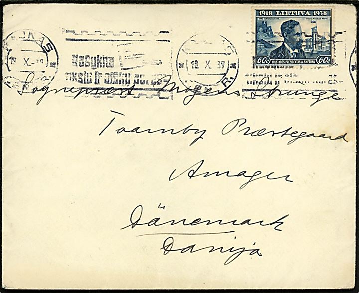 60 c. Republik single på fortrykt kuvert fra den danske legation i Kaunas d. 18.10.1939 til Tårnby, Danmark.