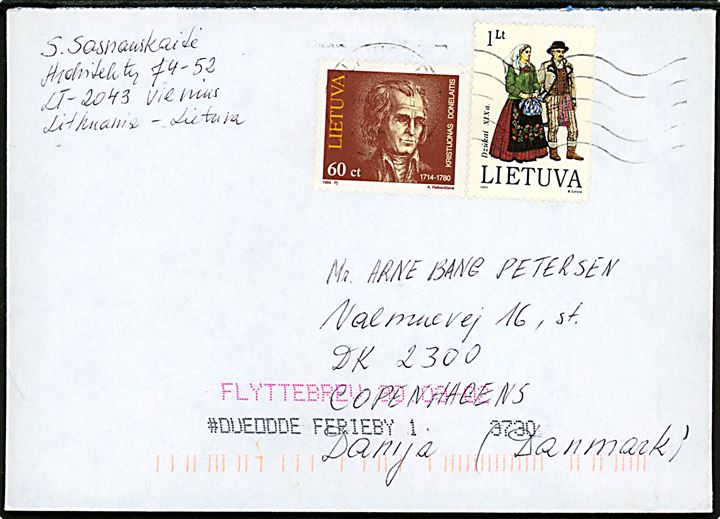 60 ct. og 1 lt. på brev fra Vilinius 2002 til København, Danmark - eftersendt til Bornholm med påskrift Flyttebrev 30.3.2002 og #Dueodde Ferieby 1 3730. 