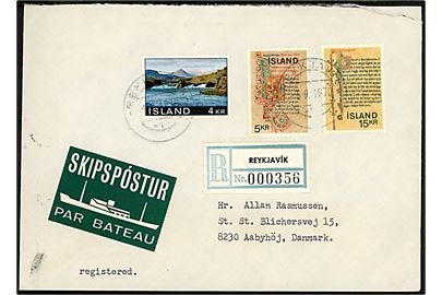 4 kr., 5 kr. og 15 kr. på anbefalet brev fra Reykjavik d. 5.9.1970 til Aabyhøj, Danmark. Grøn etiket Skipspóstur.
