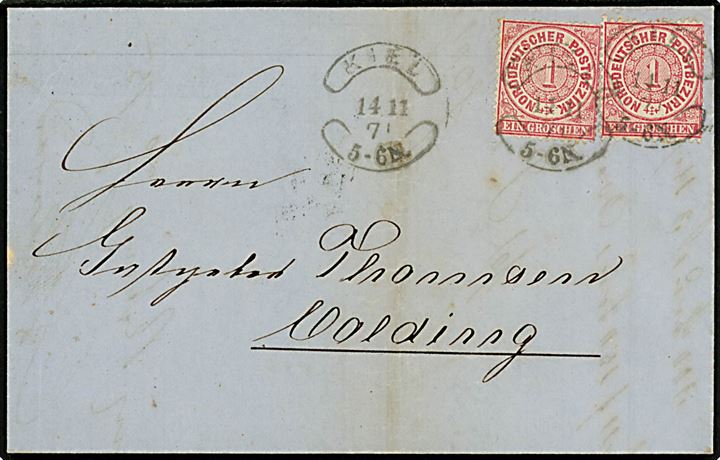 Norddeutscher Postbezirk 1 gr. (2) på brev annulleret Kiel d. 14.11.1871 til Kolding, Danmark.