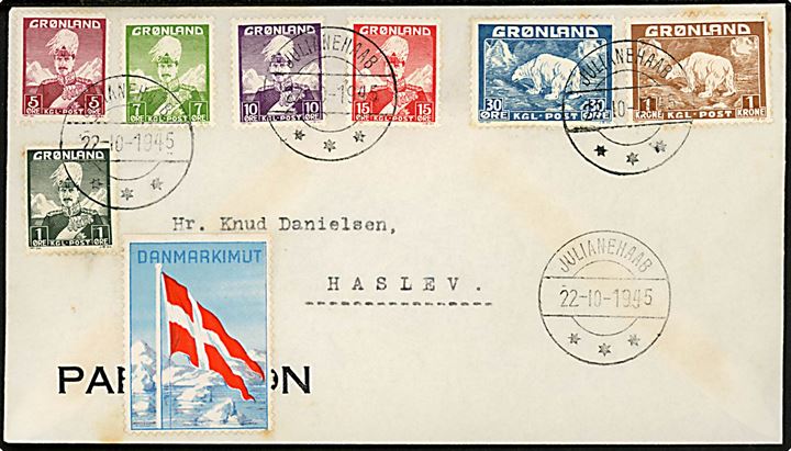 Komplet sæt 1938 udg. og Danmarkimut mærke på brev fra Julianehaab d. 22.10.1946 til Haslev.
