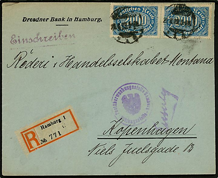 2000 mk. Infla udg. i parstykke på anbefalet brev fra Hamburg d. 21.8.1922 til København, Danmark. Tysk toldstempel. 