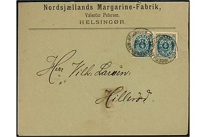4 øre Tofarvet omv. rm. i parstykke på brev fra Nordsjællands Margarine-Fabrik i Helsingør annulleret lapidar bureaustempel Kjøbenhavn-Helsingør Tog83 d. 19.12.1896 til Hillerød.