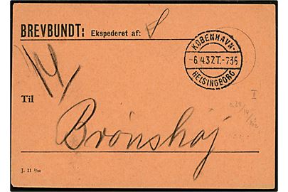 Brevbundt seddel - formular J.11 1/26 - med bureaustempel København - Helsingborg T.735 d. 6.4.1935 til Brønshøj.