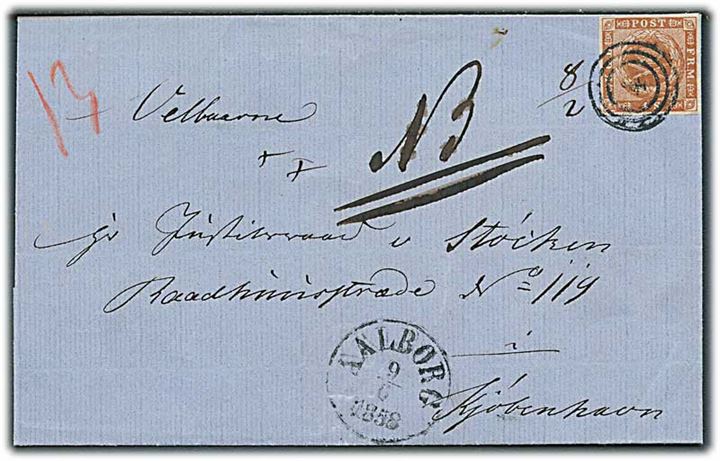 4 sk. 1854 udg. på anbefalet brev annulleret med nr.stempel 4 og sidestemplet antiqua Aalborg d. 9.6.1858 til Kjøbenhavn. Afs. har betalt 10 skilling kontant.