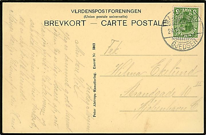 5 øre Chr. X på brevkort (Nykøbing F. elektricitetsværk) annulleret med bureaustempel Masnedsund - Gjedser T.84 d. 24.11.1916 til København.