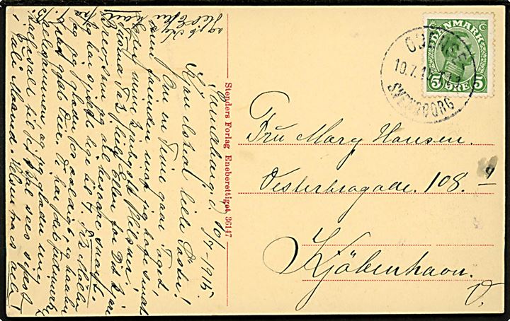 5 øre Chr. X på brevkort (Vindeby ved Svendborg) annulleret med bureaustempel Odense - Svendborg T.13 d. 10.7.1915 til København.