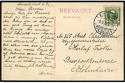 5 øre Fr. VIII på brevkort dateret Masnedsund og annulleret med bureaustempel Kjøbenhavn - Nykjøbing F. T.94 d. 8.9.1911 til sømand ombord på kystforsvarsskibet Herluf Trolle, Brevpostkontoret, København. 