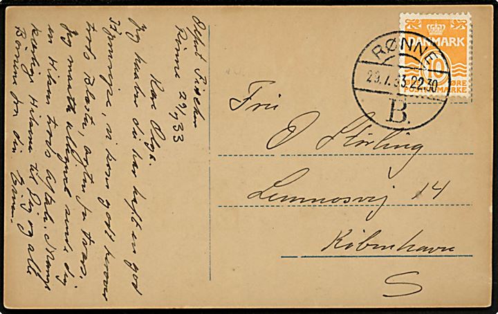 10 øre Bølgelinie på brevkort dateret ombord på artilleriskibet Niels Juel i Rønne og annulleret med brotype Vd Rønne B. d. 29.7.1933 til København.