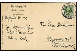 5 øre Fr. VIII på brevkort (Reykjavik havn i sne) dateret Reykjavik d. 189.11.1909 og annulleret ved ankomst i Kjøbenhavn d. 26.11.1909 til København. Antagelig sendt i marineposttæk fra sømand ombord på inspektionsskib ved Island.