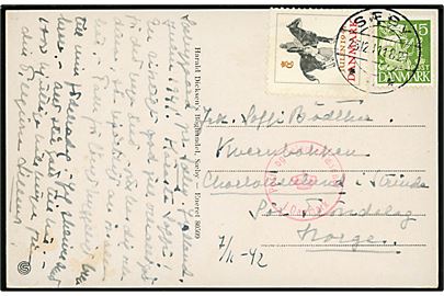 15 øre Karavel og Julemærke 1941 på brevkort fra Sæby d. 25.12.1941 til Charlottenlund i Strinda, Norge. Dansk censur.