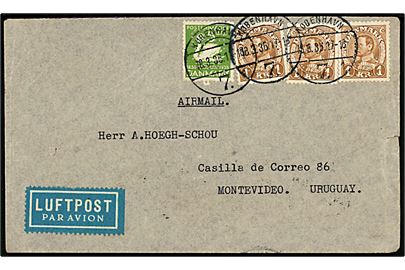 5 øre H. C. Andersen og 1 kr. Chr. X (3) med perfin P B & S på luftpostbrev fra firma Paul Bergsøe & Søn i København d. 18.3.1936 via Paris til Montevideo, Uruguay. 