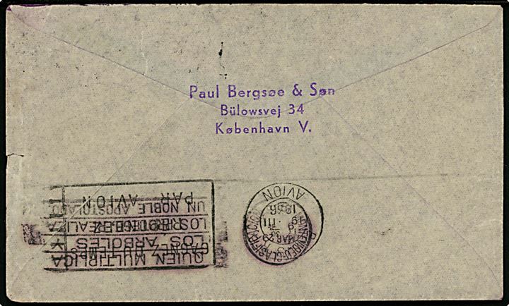 5 øre H. C. Andersen og 1 kr. Chr. X (3) med perfin P B & S på luftpostbrev fra firma Paul Bergsøe & Søn i København d. 18.3.1936 via Paris til Montevideo, Uruguay. 