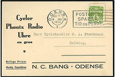5 øre Bølgelinie med perfin N.C.B. på tryksagskort fra firma N. C. Bang i Odense d. 6.7.1934 til Kolding.