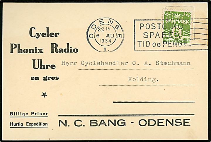5 øre Bølgelinie med perfin N.C.B. på tryksagskort fra firma N. C. Bang i Odense d. 6.7.1934 til Kolding.