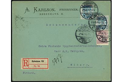 15 øre og 20 øre (2) Våben med perfin A.K. på fortrykt kuvert fra firma A. Karlson, Frihavnen sendt som 2. vægtkl. anbefalet brev fra Kjøbenhavn VIII d. 25.10.1904 til Wiborg, Finland.