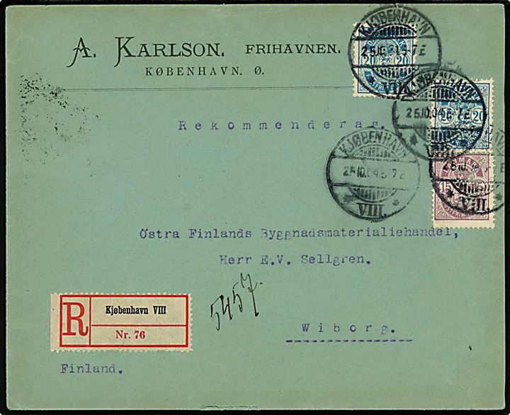 15 øre og 20 øre (2) Våben med perfin A.K. på fortrykt kuvert fra firma A. Karlson, Frihavnen sendt som 2. vægtkl. anbefalet brev fra Kjøbenhavn VIII d. 25.10.1904 til Wiborg, Finland.