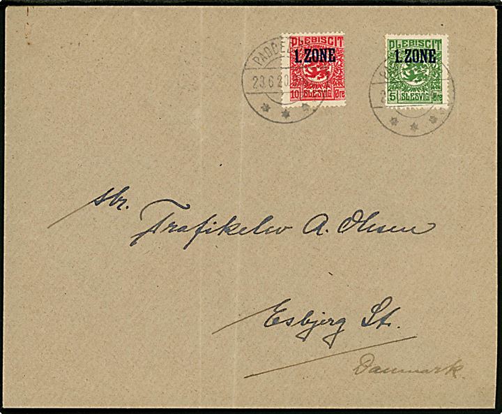 5 øre og 10 øre 1. Zone udg. på brev annulleret med brotype IIb Paddeborg sn1 d. 23.6.1920 til Esbjerg, Danmark. Svage lodrette folder.