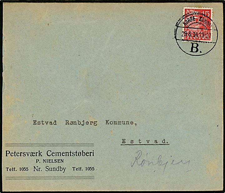 15 øre Karavel på brev annulleret med sjældent brotype Vc Nørre Sundby B. d. 29.6.1934 til Estvad - omadresseret til Rønbjerg. Kuvert let afkortet i venstre side. 