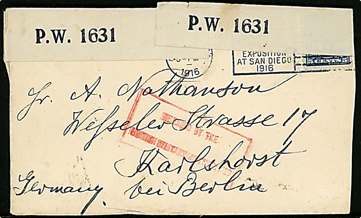 5 cents Washington på brev fra San Diego 1916 til Karlshorst b. Berlin, Tyskland. Åbnet af britisk censur P.W.1631 og tilbageholdt. Senere frigivet med rødt rammestempel Released by the British Military Authorities.