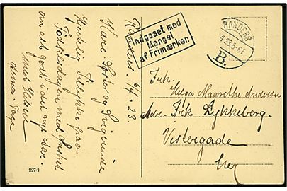 Lokalt brevkort med brotype Vb Randers B. d. 6.4.1923 og rammestempel Indgaaet med Mangel af Frimærke. 