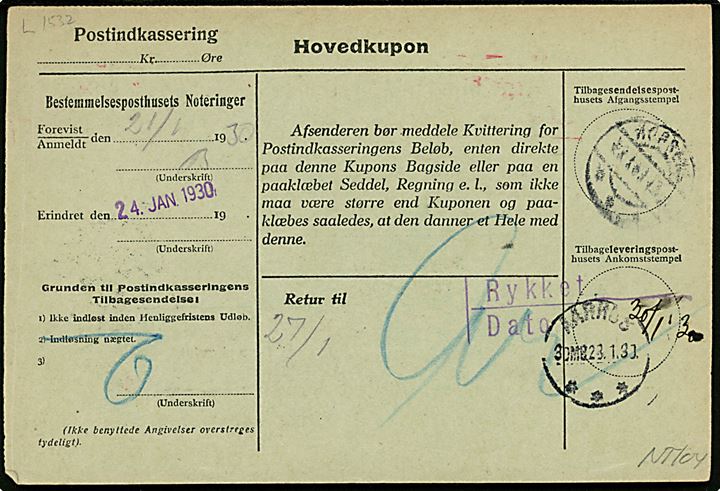 30 øre blanketmaskinstempel Aarhus d. 20.1.1930frankeret retur Indkasserings-Postanvisning fra Jyllandsposten til Horsens. 