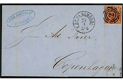4 sk. 1858 udg. på brev annulleret med nr.stempel 2 og sidestemplet lapidar K.D.O.P.A. Hamburg d. 25.4.1862 til København.