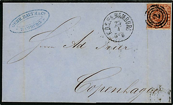 4 sk. 1858 udg. på brev annulleret med nr.stempel 2 og sidestemplet lapidar K.D.O.P.A. Hamburg d. 25.4.1862 til København.