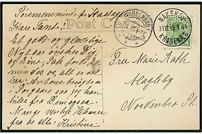5 øre Chr. X på brevkort (Sørensensminde pr. Kastager) annulleret med smukt bureaustempel Nakskov - Kragenæs T.44 d. 31.12.1915 til Magleby pr. Nordenbro på Langeland. Ank.stemplet Nordenbro d. 1.1.1916.