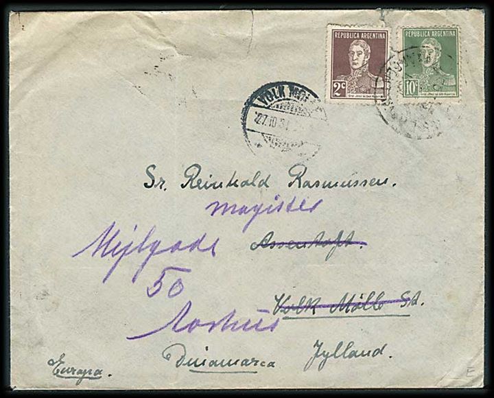 Argentinsk 123 c. frankeret brev fra Cascallares d. 3.10.1931 via Buenos Aires til Volk Mølle, Danmark - eftersendt til Aarhus. På bagsiden mærkat: Den danske Kirke / Buenos Aires. 