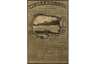 Færøerne, Avishilsen Tingakrossur med prospekt fra Klaksvig fjord. A. Brend no. 3043206.