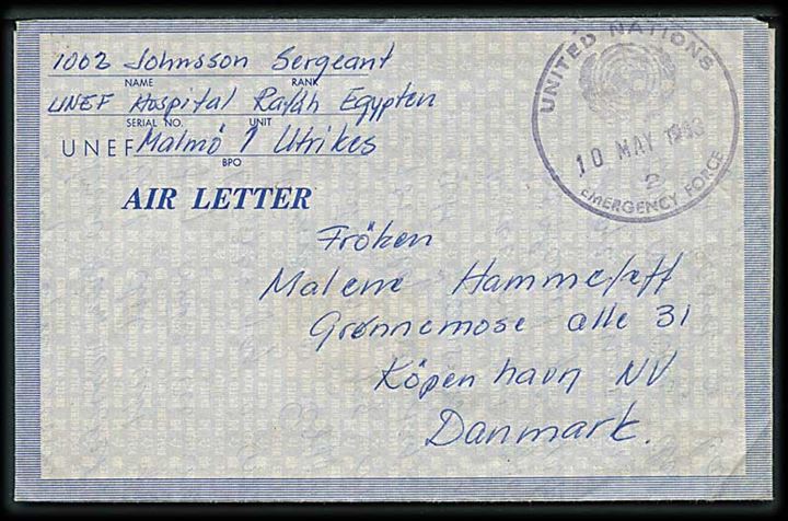 Ufrankeret fortrykt UNEF Air Letter stemplet United Nations Emergency Force d. 10.5.1963 til København, Danmark. Fra svensk FN-soldat ved UNEF Hospital Rafah.