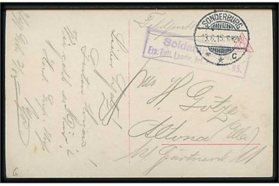 Ufrankeret feltpost brevkort stemplet Sonderburg **c d. 13.6.1915 til Altona. Rammestempel: Soldatenbrief. Ers. Batl. Landw. Jnf. Regt. No. 85.