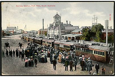 South Australia, Port Pirie, Railway Station. Frankeret med ½d og 1d stemplet Pt. Pirie d. 28.4.1909 til København, Danmark.
