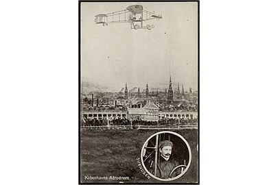 Flyveren Robert Svendsen og hans maskine over Københavns Aërodrom. U/no. Nålehul.
