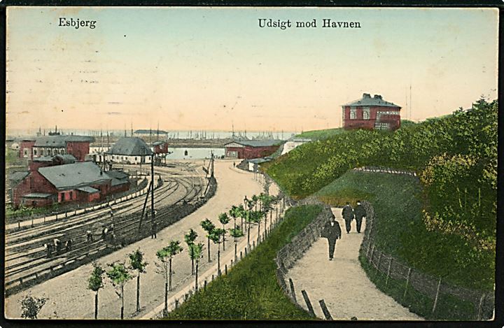 Esbjerg, udsigt mod havnen med banegård og jernbane. C.J.C. no. 56.