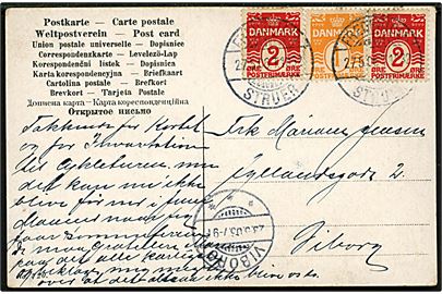 1 øre og 2 øre (2) Bølgelinie på brevkort annulleret med bureaustempel Fredericia - Struer T.1032 d. 27.5.1906 til Viborg.