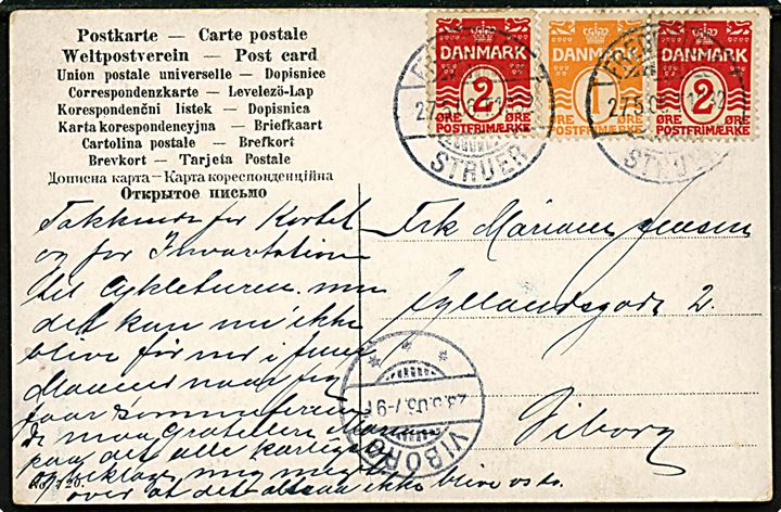 1 øre og 2 øre (2) Bølgelinie på brevkort annulleret med bureaustempel Fredericia - Struer T.1032 d. 27.5.1906 til Viborg.