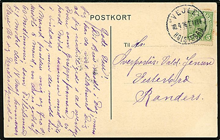 5 øre Chr. X på brevkort (Kendte forretninger i Hadsten) annulleret med bureaustempel Vejle - Holstebro sn2 T.1184 d. 18.4.1916 til Randers.