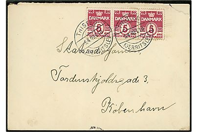 5 øre Bølgelinie i 3-stribe på brev annulleret med bureaustempel Thisted - Fjerritslev T.10 d. 5.4.1940 til København.