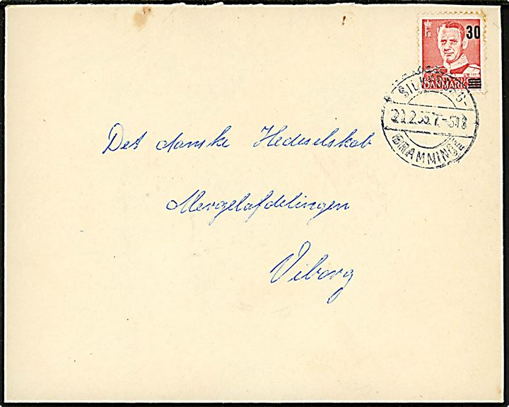 30/20 øre Provisorium på brev fra Varde annulleret med bureaustempel Silkeborg - Bramminge T.518 d. 20.2.1955 til Viborg.