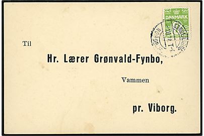7 øre Bølgelinie på tryksagskort fra Havnbjerg pr. Nordborg annulleret med bureaustempel Sønderborg - Nordborg T.6 d. 1.11.1928 til Vammen pr. Viborg.